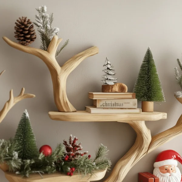 Floating Tree Bookshelf – Mid-Century Wall-Mounted Bookcase, Handmade Xmas Tree Shelf & Rustic Home Decor