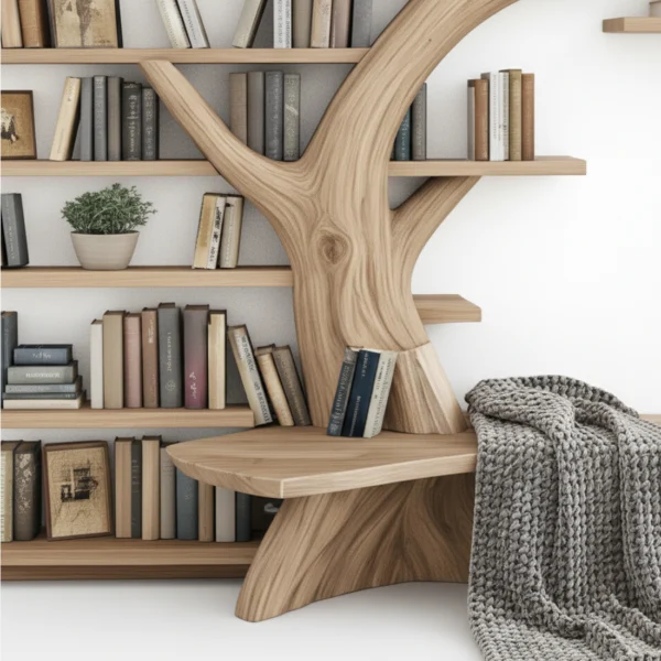 Rustic Tree Branch Bookshelf with Coordinated Bench