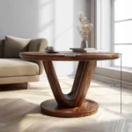 Solid Wood Round Coffee Table with Sculptural V-Base – Luxury Living Room Accent Furniture