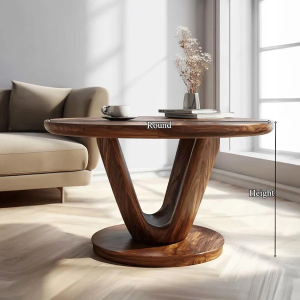 Solid Wood Round Coffee Table with Sculptural V-Base – Luxury Living Room Accent Furniture
