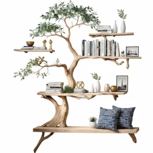 Tree-Shaped Wooden Bookshelf – Handmade Solid Wood Shelf For Interior Decoration