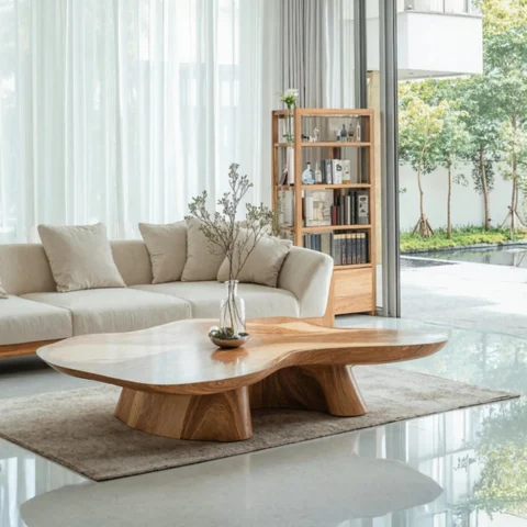 Modern Farmhouse Wood Table - Hand-Carved Organic Solid Wood